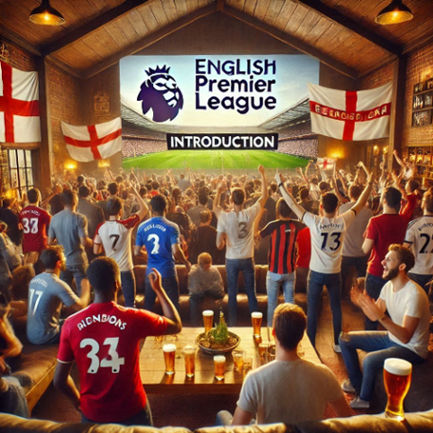 A packed living room of cheering fans, a TV screen showing an EPL match intro with dynamic music.