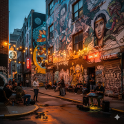A vibrant city street at dusk, with large, colorful murals covering the sides of brick buildings.