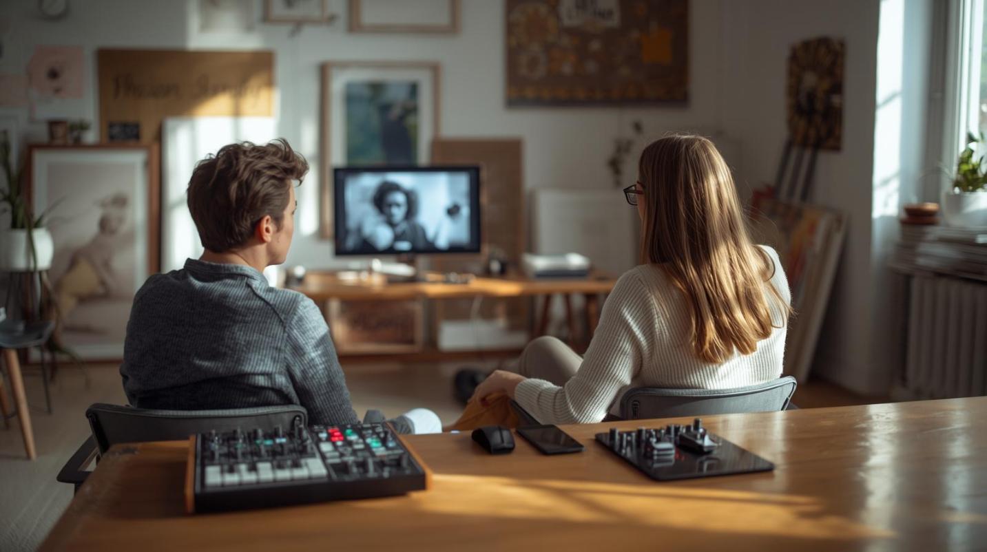 Two artists watch experimental film in sunny studio blending sound art and cinema.