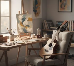 Art materials on a table and guitar with headset on a chair