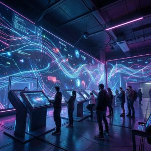 Futuristic digital art installation with glowing visuals reacting to music waves, people interacting with touch screens