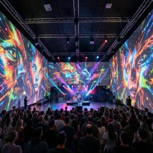 Large immersive art gallery with projection mapping visuals, synchronized lighting, live electronic music performance