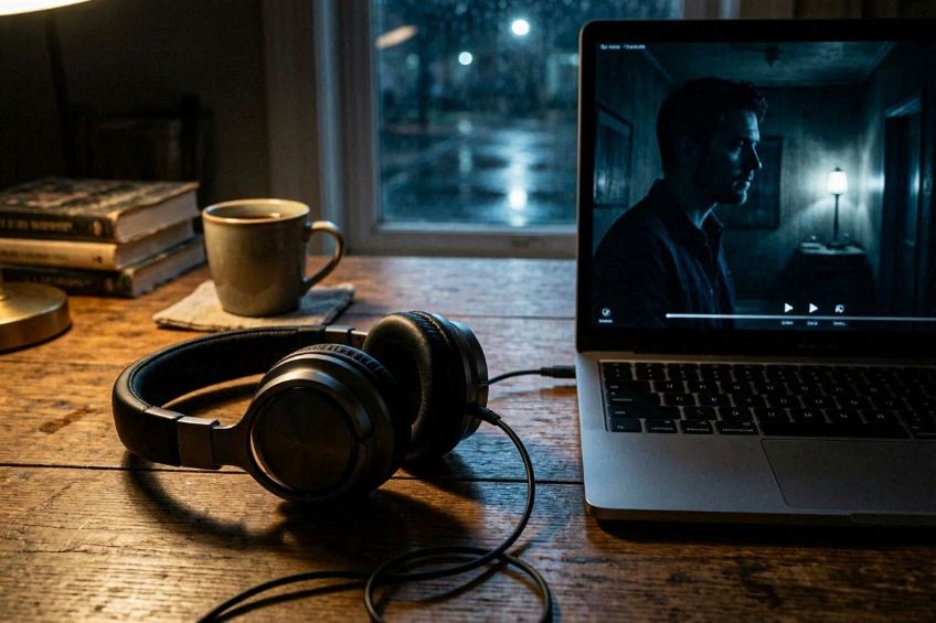 laptop streaming a psychological thriller movie at night