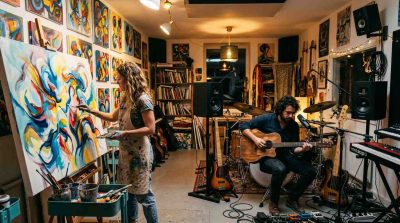 An immersive art and music studio featuring colorful abstract paintings, musical instruments, speakers, and an artist working alongside a musician
